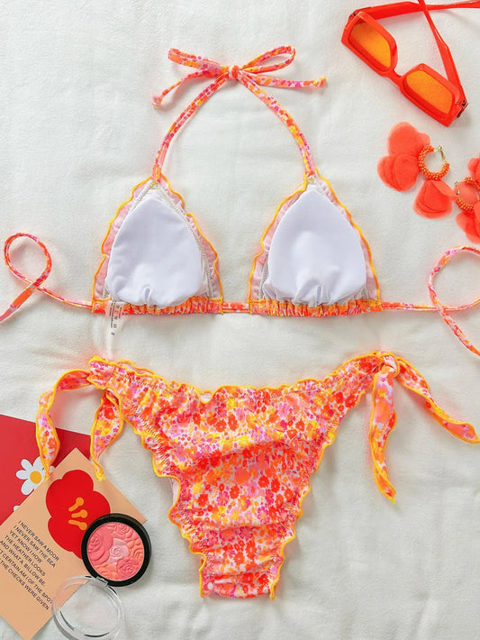 Brazilian Thong Bikini – Floral Side Lace-Up Bandage Swimsuit for Women