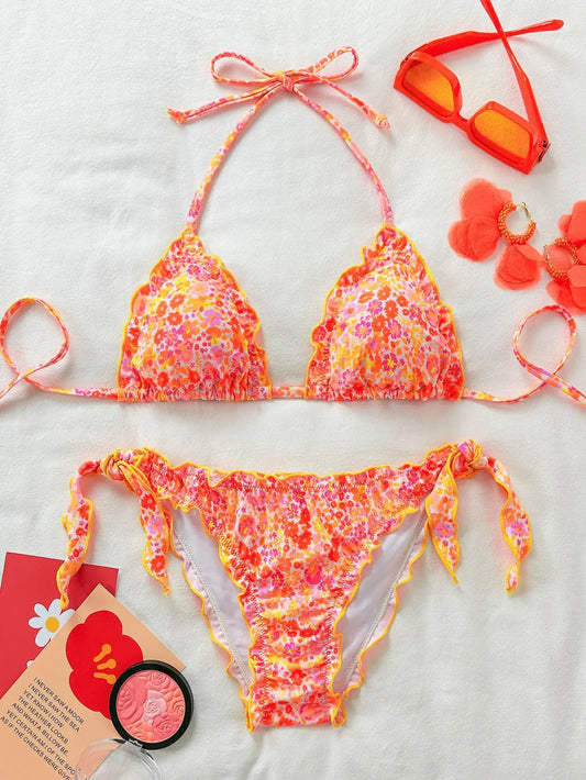 Brazilian Thong Bikini – Floral Side Lace-Up Bandage Swimsuit for Women